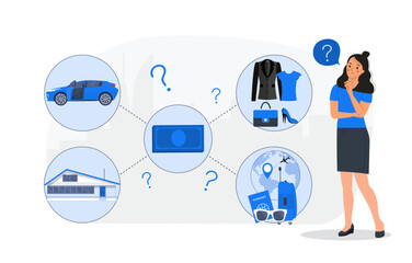 Woman thinks about the question of what to spend money on. Vector illustration.