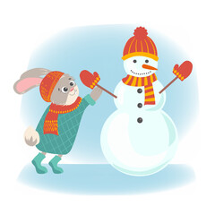 A cute rabbit sculpts a snowman and puts mittens and a hat on him. Vector illustration in a flat style.