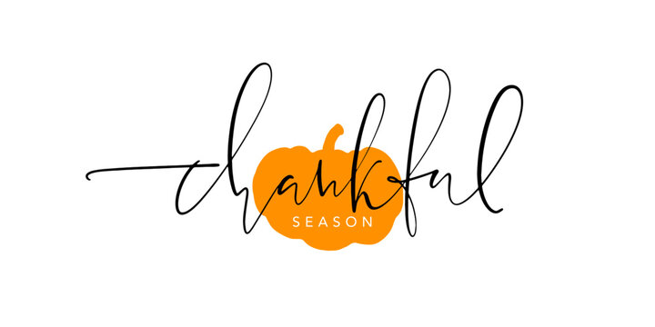 Thankful season elegant thin script lettering on orange ripe pumpkin silhouette background. Inscription for cards, posters, social media posts, web design. Vector illustration.