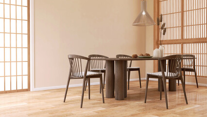 Realistic 3D render japanese zen style family dining table set in warm modern beige dining room with tradition wooden screen panel. Blank wall, Parquet floor, Background, Apartment, Home, Household.