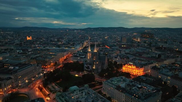 illumination flight over vienna city district aerial panorama. Austria