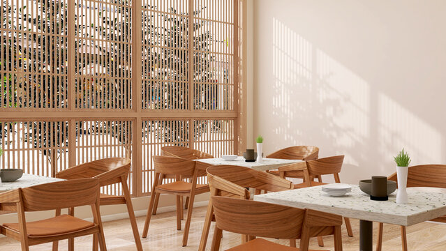 Realistic 3D render modern japanese restaurant in the city with wooden blind window decoration, fine wood chairs and tables. Morning sunlight beautiful leaves shadow on blank beige wall. Copy space.