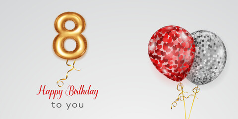 Festive birthday illustration with colored helium balloons, big number 8 golden foil balloon and inscription Happy Birthday on white background
