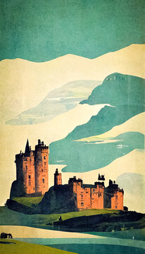 Vintage tourism poster about Scotland, with haunted Scottish castle and sea, for flyer design