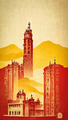 Obraz premium Old tourist poster on Spain, its history and architecture of its cities, for flyer design on tourism in Europe