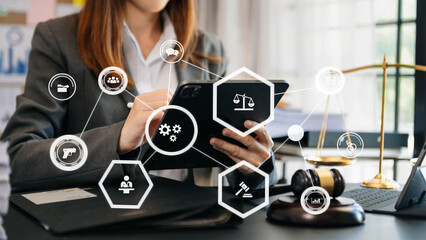 Businesswoman inscription Legal advice online, labor law, advice and justice concept. with VR icon.