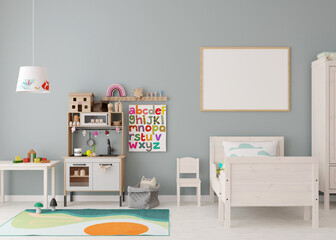 Empty horizontal picture frame on the wall in modern child room. Mock up interior in contemporary, scandinavian style. Free, copy space for picture. Bed, toys. Cozy room for kids. 3D rendering.