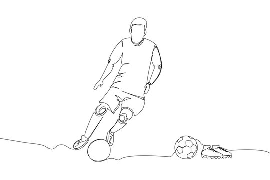 Football, soccer player with ball and cleats set one line art. Continuous line drawing game, sport, soccer ball, activity, forwafd, boots, training, running.