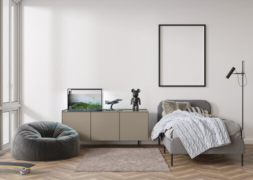 Empty vertical picture frame on white wall in modern child or teenie room. Mock up interior in contemporary style. Free, copy space for picture, poster. Bed, sideboard. Cozy room for kids. 3D render.
