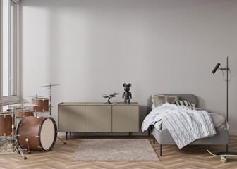Empty wall in modern child or teenie room. Mock up interior in contemporary style. Copy space for your picture or poster. Bed, sideboard. Cozy room for kids, teenager. 3D rendering.