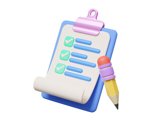 3d Blue checklist and pencil on transparent. Confirmed or approved document icon. Beige clipboard with paper sheets with check marks symbol. Cartoon icon minimal smooth style. 3d rendering.