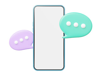 3d smartphone with chat bubble float on transparent. Blue mobile phone with blank white screen. Social media messages inbox, comment, speech balloon. Cartoon icon minimal smooth. 3d rendering.