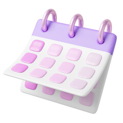 3D Calendar assignment icon. Purple calender paper floating on transparent. Plan, events, reminder concept. Pink copy space for text or date. Cartoon icon minimal smooth. 3d rendering.