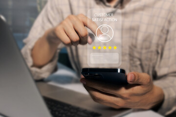Customer give High rating to business service experience on online application via devices. Reviewing satisfaction feedback survey concept. 5 stars and comment box. Service and Product Rating.