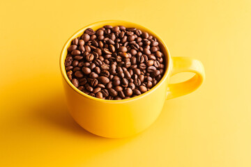 Cup of freshly brewed roasted coffee beans on yellow background