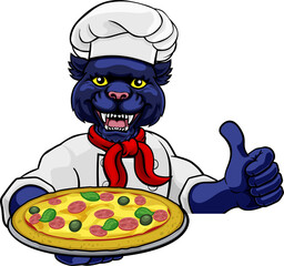 A panther chef mascot cartoon character holding a pizza peeking round a sign and giving a thumbs up