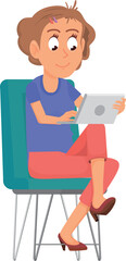 Woman using tablet. Social media surfing. Cartoon female character
