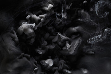 Black gray smoke abstract background, acrylic paint underwater explosion, swirling ink - obrazy, fototapety, plakaty