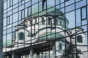 Plakat St. Sava church in Belgrade , reflections in nearby building