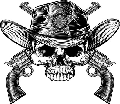 Skull Cowboy grim reaper wearing hat with a pair of crossed pistols drawn in a vintage retro woodblock engraved style