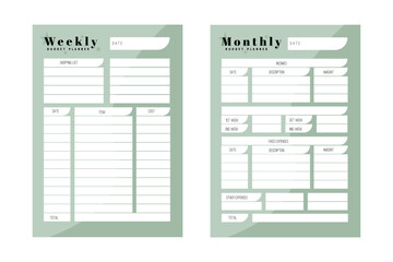 Template of personal budget plan, monthly, weekly and Trendy green colors. Budget planner weekly and monthly