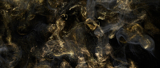 Golden sparkling abstract background, luxury black smoke, acrylic paint underwater explosion, cosmic swirling ink