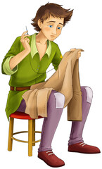 Cartoon boy - sitting and working sewing handsome manga boy - illustration for children © honeyflavour