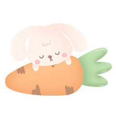 Cute cartoon easter bunny with carrot watercolor illustration 