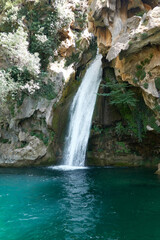 The Calavera waterfall on the Borosa river route in the Sierra de Cazorla, Segura and Las Villas Natural Park. Jaen. Andalusia. Spain