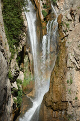 The Salto de los Órganos waterfall on the Borosa river route in the Sierra de Cazorla, Segura and Las Villas Natural Park. Jaen. Andalusia. Spain