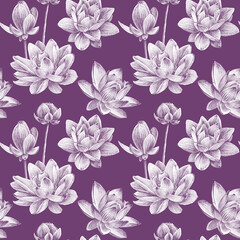 Hand drawn lotus flowers Seamless pattern. White flower on a lilac background. For fabric, sketchbook, wallpaper, wrapping paper.
