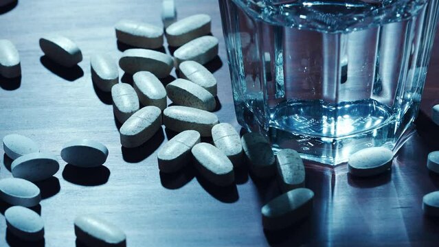 暗い部屋のテーブルに錠剤の薬とグラスの水