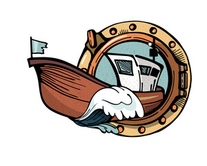 Doodle porthole with sea and boat isolated on white. Marine seafaring picture with ship, wave. Vector stock illustration