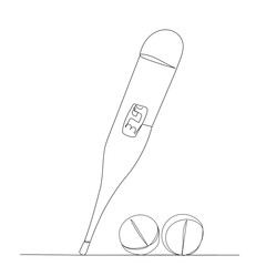 thermometer and pills sketch, one continuous line drawing, vector