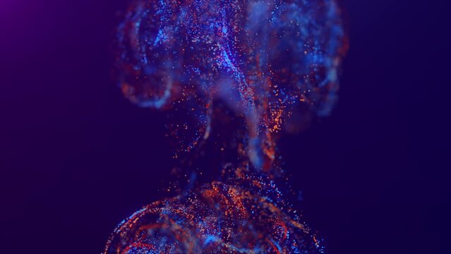 Multicolored, bright, abstract cloud of particles in space. A bright stream of particles moves against the background in a dynamic pattern with fluid simulation and light