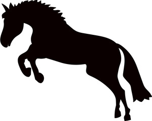 A graceful and beautiful horse overcomes an obstacle.  Silhouette black
