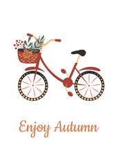 Bicycle with a basket and autumn leaves. Greeting card with picture and text "Enjoy autumn".