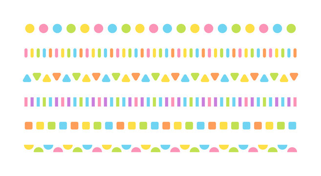 A set of graphic illustrations of cute, colorful shapes repeating border decorations.