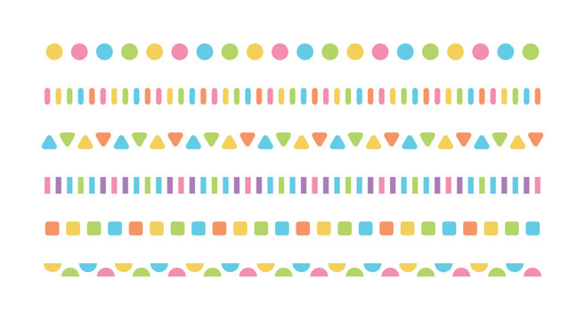 A set of graphic illustrations of cute, colorful shapes repeating border decorations.