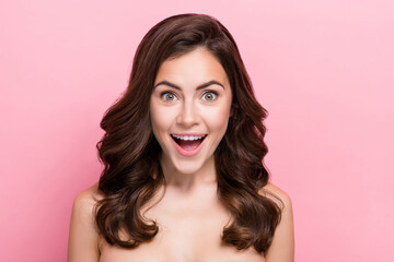 Photo of young excited girl face reaction news lifting silky skin isolated over pink color background