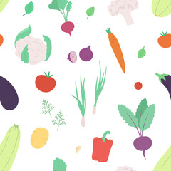 Seamless pattern of vegetables and herbs. Repeating background with zucchini, cauliflower, beetroot and others.