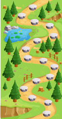 Game map forest gui background, template in cartoon style, casual isometric view. Decorated with stones, trees, pond. 