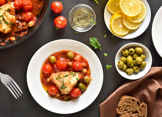 Cod stew with chickpeas, cherry tomatoes and olives