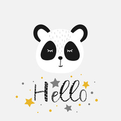 Cute cartoon panda face hand-drawn. Use for print design, children's posters, fashionable children's clothing. Vector