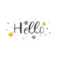 Hello, handwriting in a cute kid's style for banners, flyers, posters, social media, Sticker, Vector Illustration