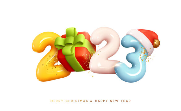 Happy New Year 2023. Number with gift box in cartoon style. Christmas decoration. Realistic 3d render color sign. Celebrate party 2023. Xmas Poster, banner, cover card, brochure, flyer, layout design