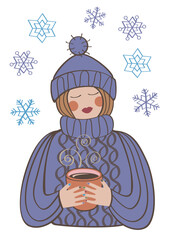 vector winter girl with a cup of coffee