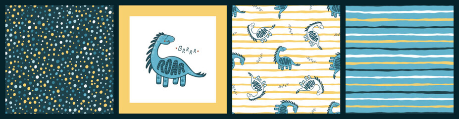 Cute Dinosaurs Vector Set. Poster and 3 Seamless Patterns for kids fashion with Cartoon Funny Dinosaur.