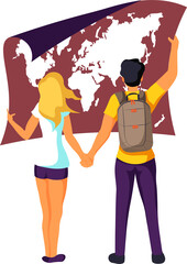 Tourists with world map illustration