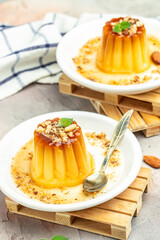 Creme Caramel Dessert. Traditional italian Panna cotta. Food recipe background. Close up